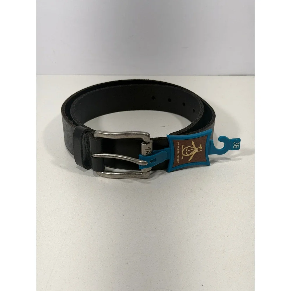 Original Penguin Mens Black Leather Belt Size 36 Brushed Silver Buckle NWT